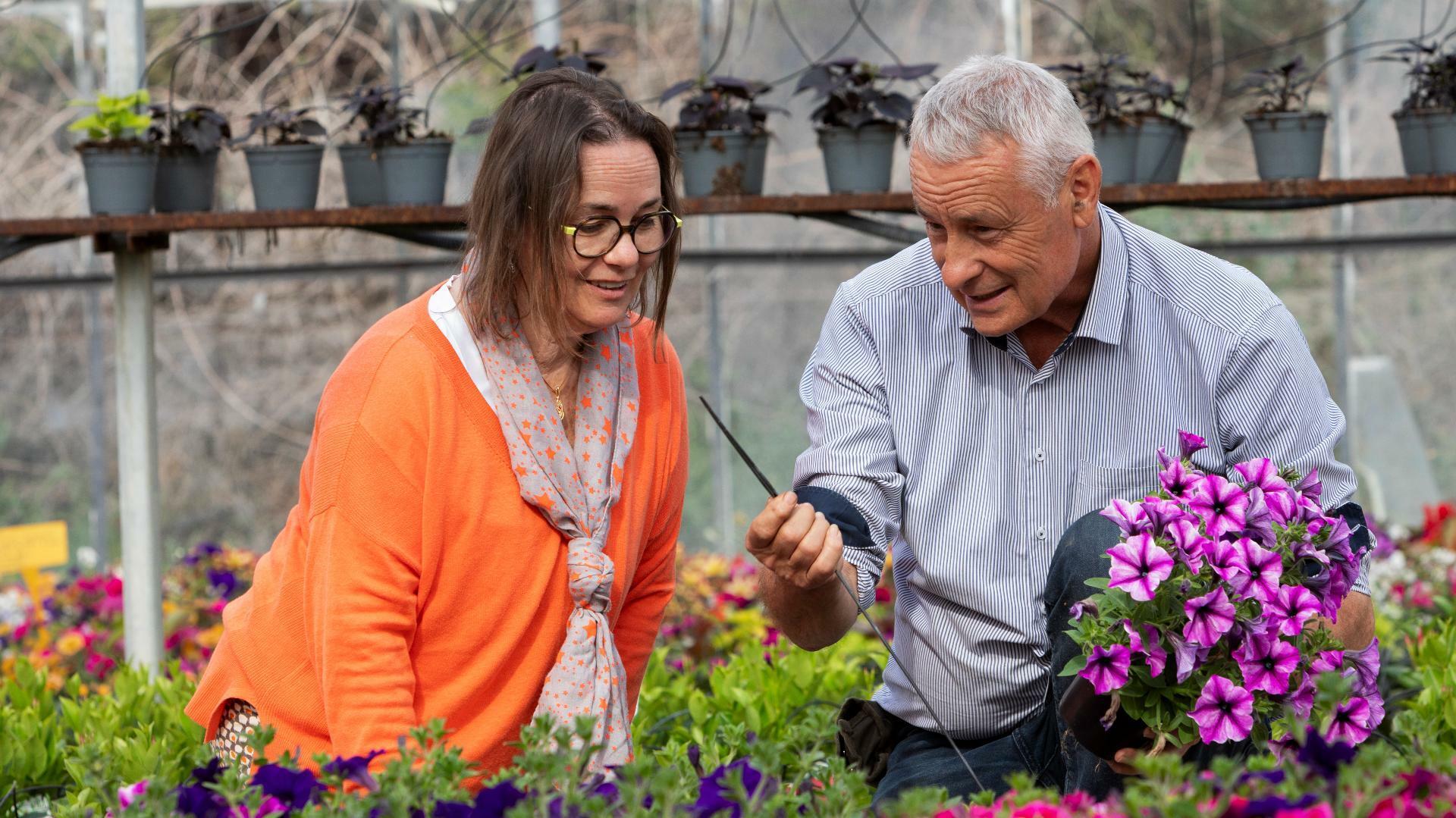 Un homme et une femme dans une serre devant des fleurs